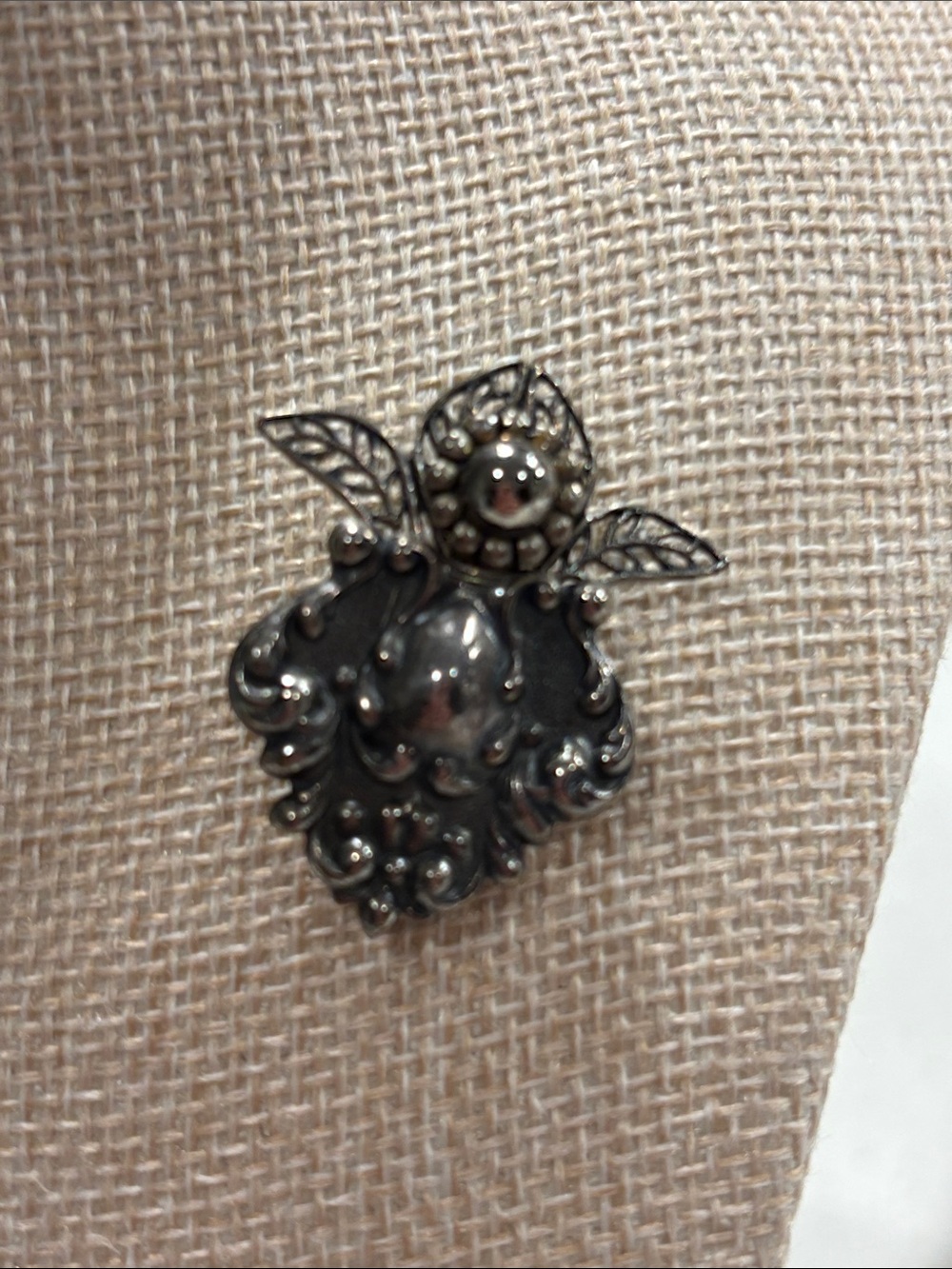 Vintage Ornate Silver-Tone Floral Repousse Brooch Pin